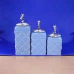 60002BLUE-HORSE-SIL CERAMIC CANISTER SET ROPE BLUE W/ HORSE SILVER LIDS